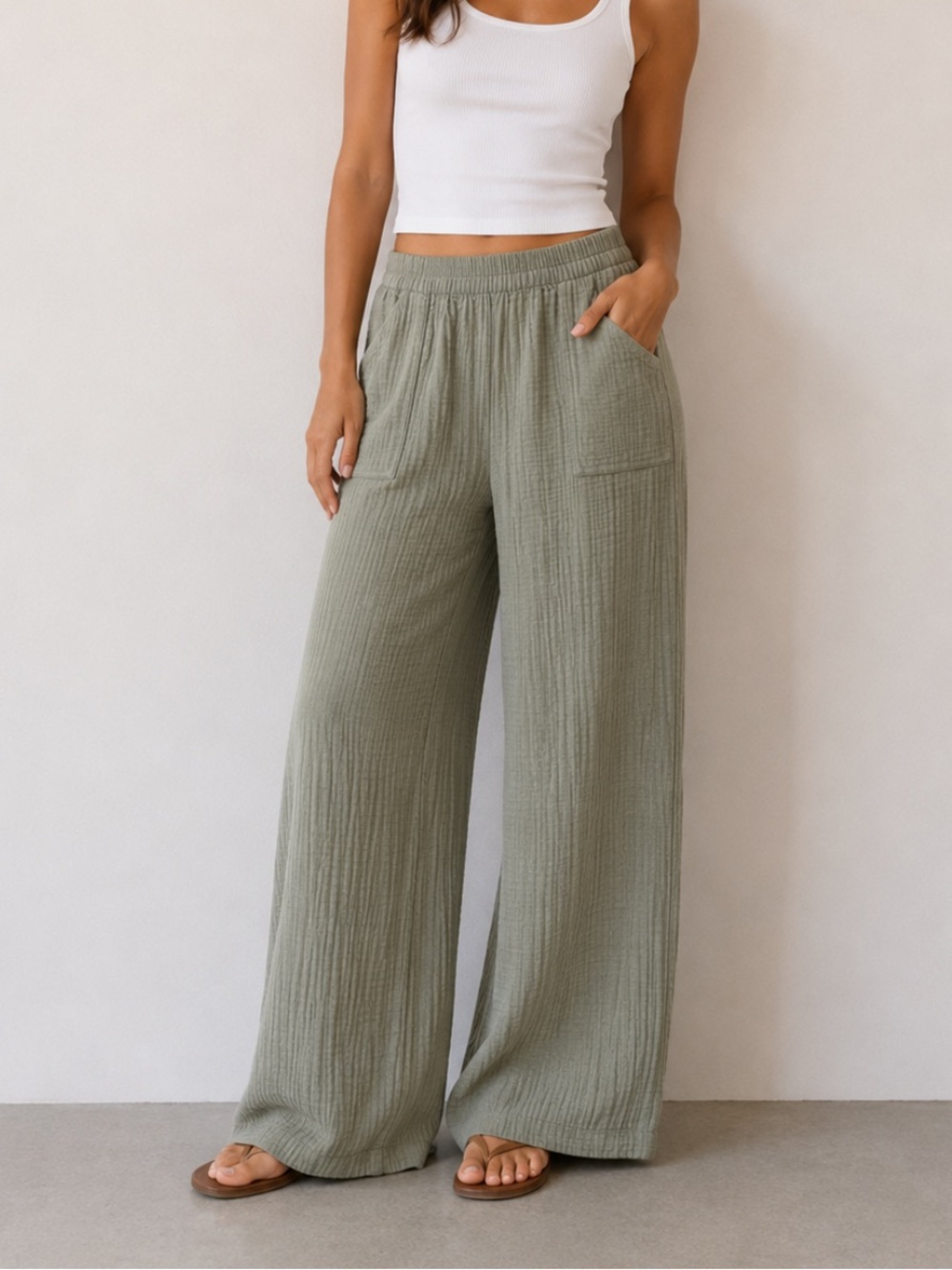 Natural Reflections Sage Green Elastic-Waist Gauze Pants 100% Cotton